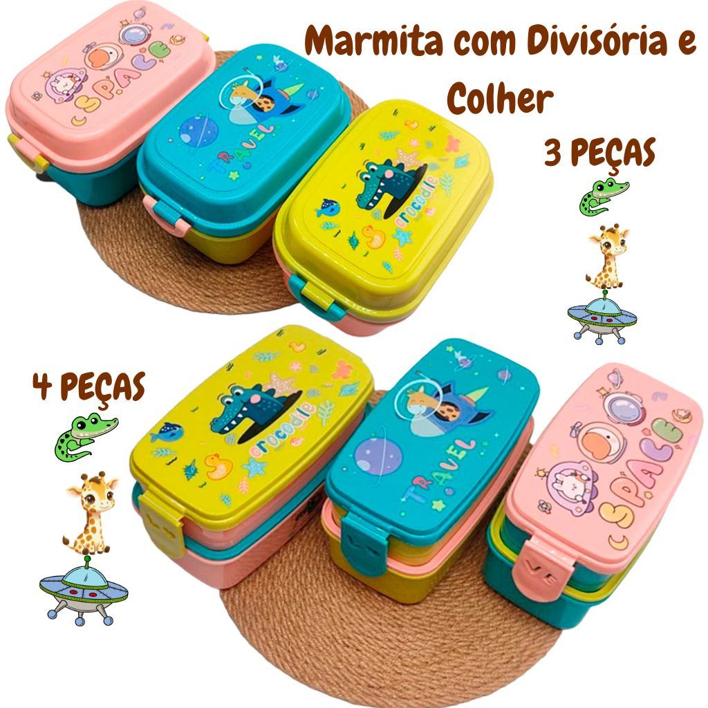 Marmita Lancheira Infantil Crocodile • Travel • Space com Divisória e Colher 2 em 1 em Oferta na Shopee