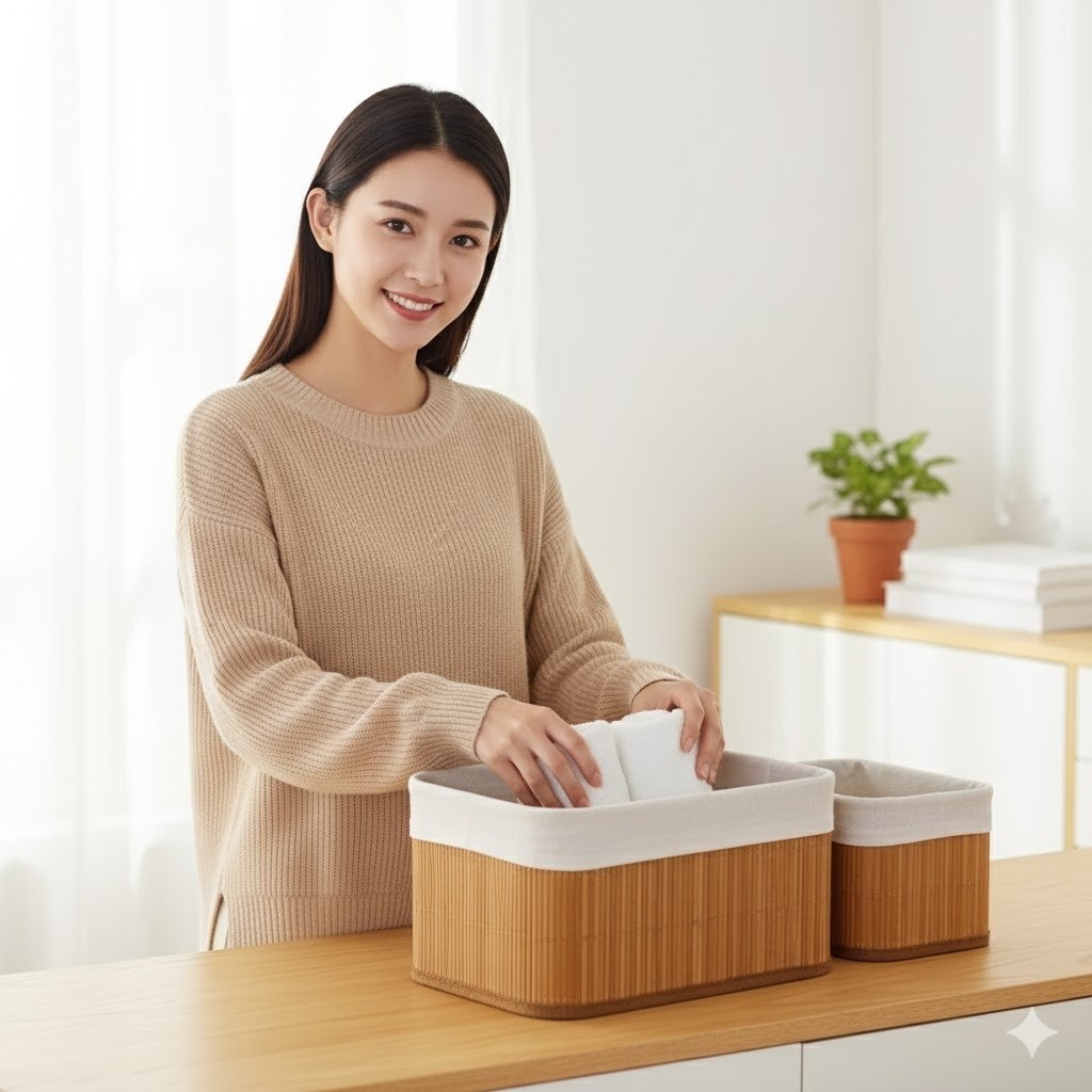 Kit Cestos Organizadores Bambu Natural Multiuso Resistentes Decoração Casa Escritório Banheiro