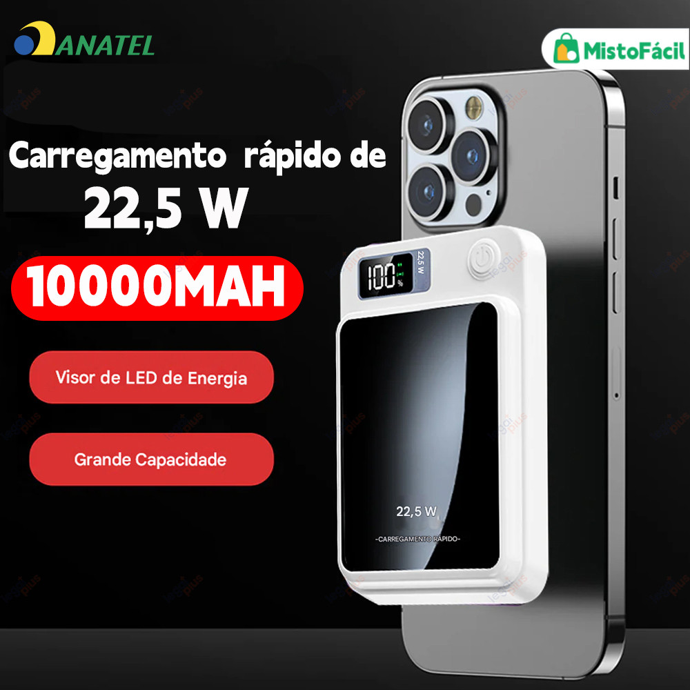 Powerbank 10000 mAh MagSafe com Display Digital - Carregador Rápido Sem Fio para