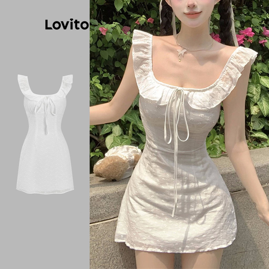 Lovito Vestido bonito com bordado de ilhós na frente e gravata simples para mulheres L122AD063 em Oferta na Shopee
