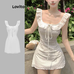 Lovito Férias Vestido bonito com bordado de ilhós na frente e gravata simples para mulheres L122AD063