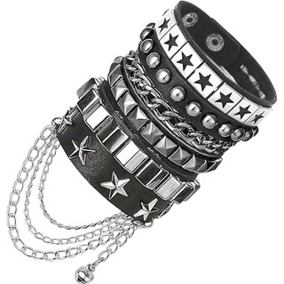 Pulseira De Punho De Couro Pu Preto Pop Metal Borla Oco Estrela Rebite Pulseiras Elegantes Acessórios De Joias