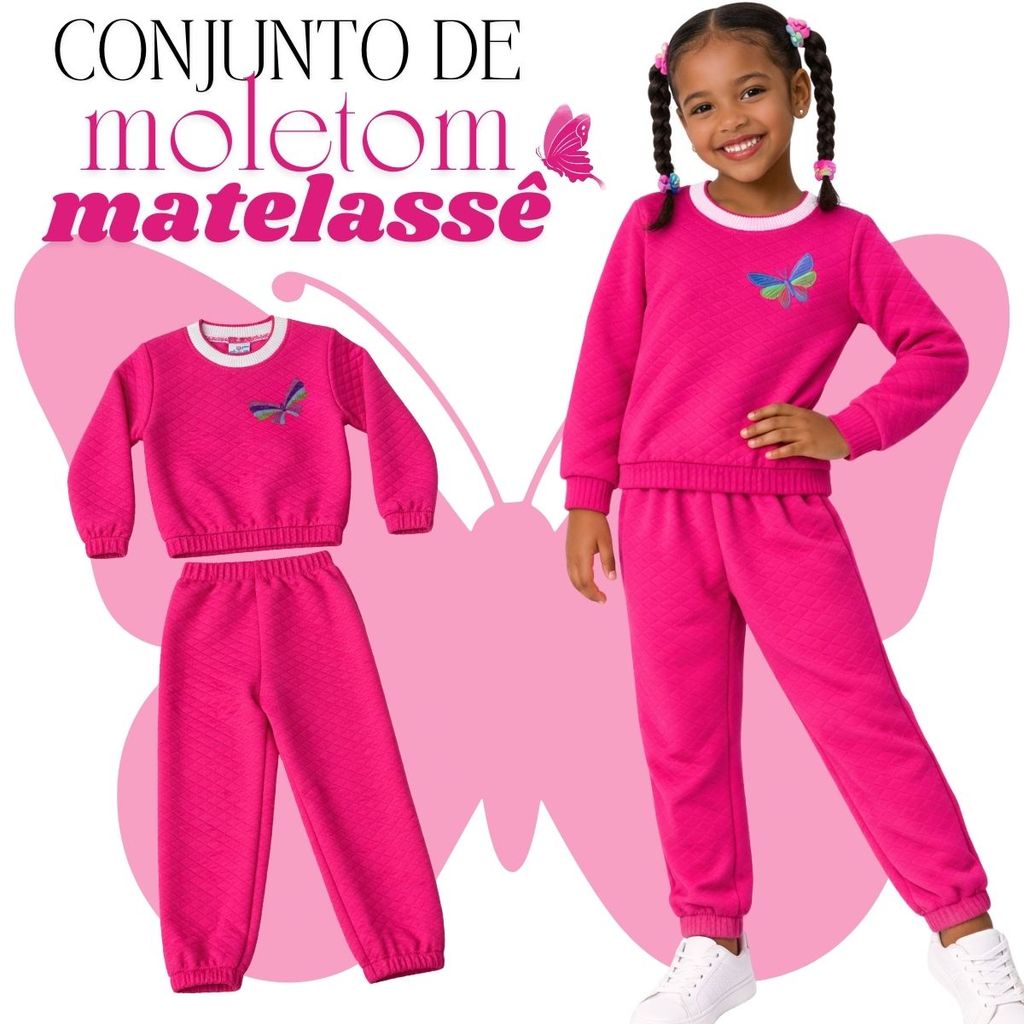 🦋 Conjunto Infantil Feminino de Moletom Matelassê – Rosa, Pink e Preto