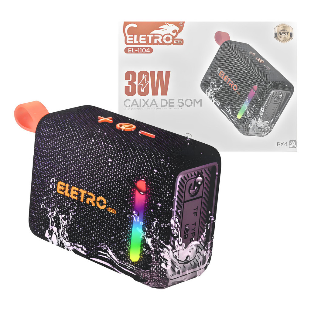 Caixa De Som Bluetooth Portátil Led 30w Prova D'agua El-1104 Cor Preto