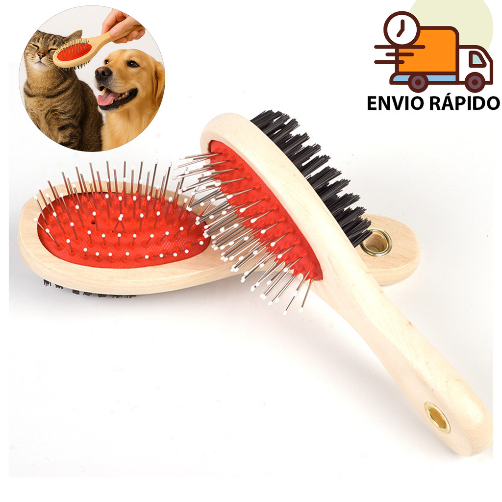 Escova Dupla Cabo de Madeira para Pelos Pet Desembaraça Tira os Nós Cerdas Nylon Cachorro Gato