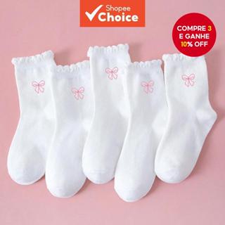 Meias Femininas com Laço Branco, Confortáveis, Meias de Tornozelo, 5 Pares, Para Todas as Estações, Para Voltar às em Oferta na Shopee