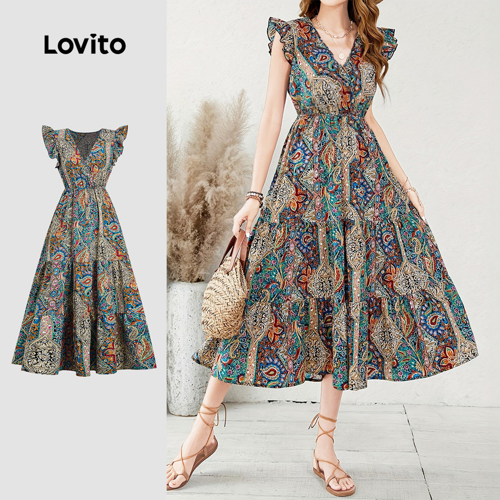 (NEW) Lovito Vestido Boho com Babados Padrão Vestido Primavera/verão para Mulheres L178ED268