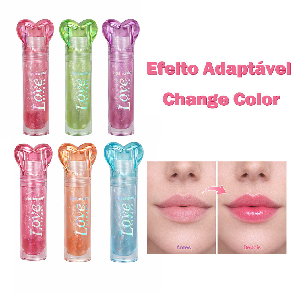 Lip Gloss Labial Brilho Espelhado Efeito Adaptável Change Color com Glitter Fofo