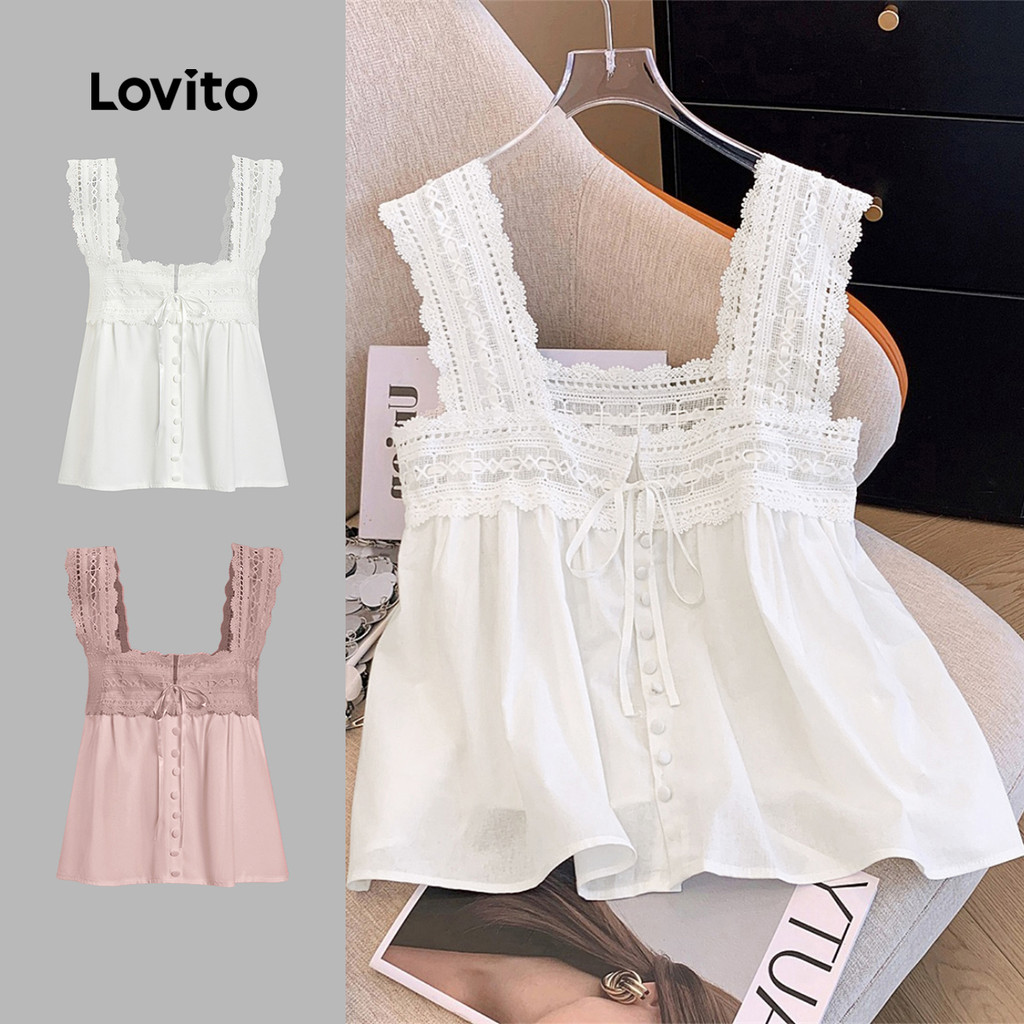 Lovito Top Boho Com Renda Lisa E Regata Verão/primavera Para Mulheres L100MD371 em Oferta na Shopee