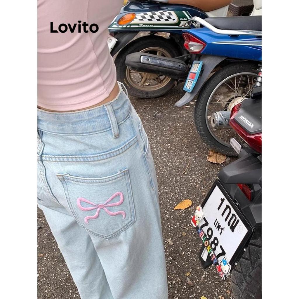 Lovito Jeans casual com zíper liso e laço para mulheres LNA62072 em Oferta na Shopee