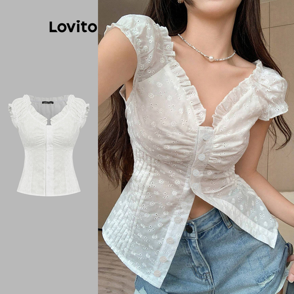 Lovito Blusa Casual Lisa Alface Guarnição Botão Frontal Blusa Plissada Para Mulheres L80ED008 em Oferta na Shopee