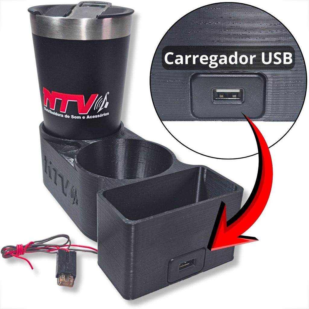 CONSOLE CENTRAL UNIVERSAL AUTOMOTIVO 2 PORTA COPOS TIPO STANLEY COM PORTA OBJETOS E USB