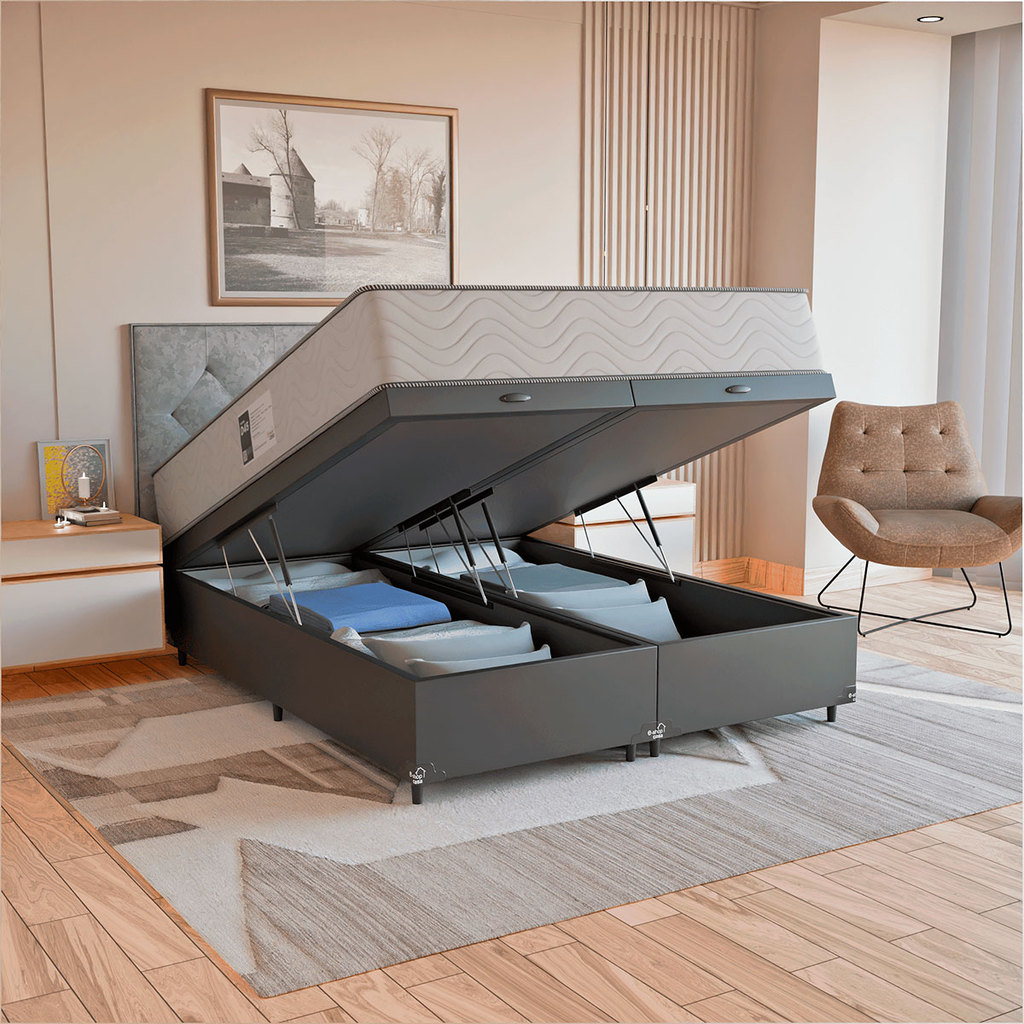 Cama Box Baú Queen + Colchão Prime Espuma D45 Couro Preto