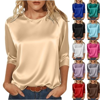 CM Blusas Femininas Cetim Seda 3 4 Mangas Camisa Casual Negócios Elegantes Para Trabalho E Escritório