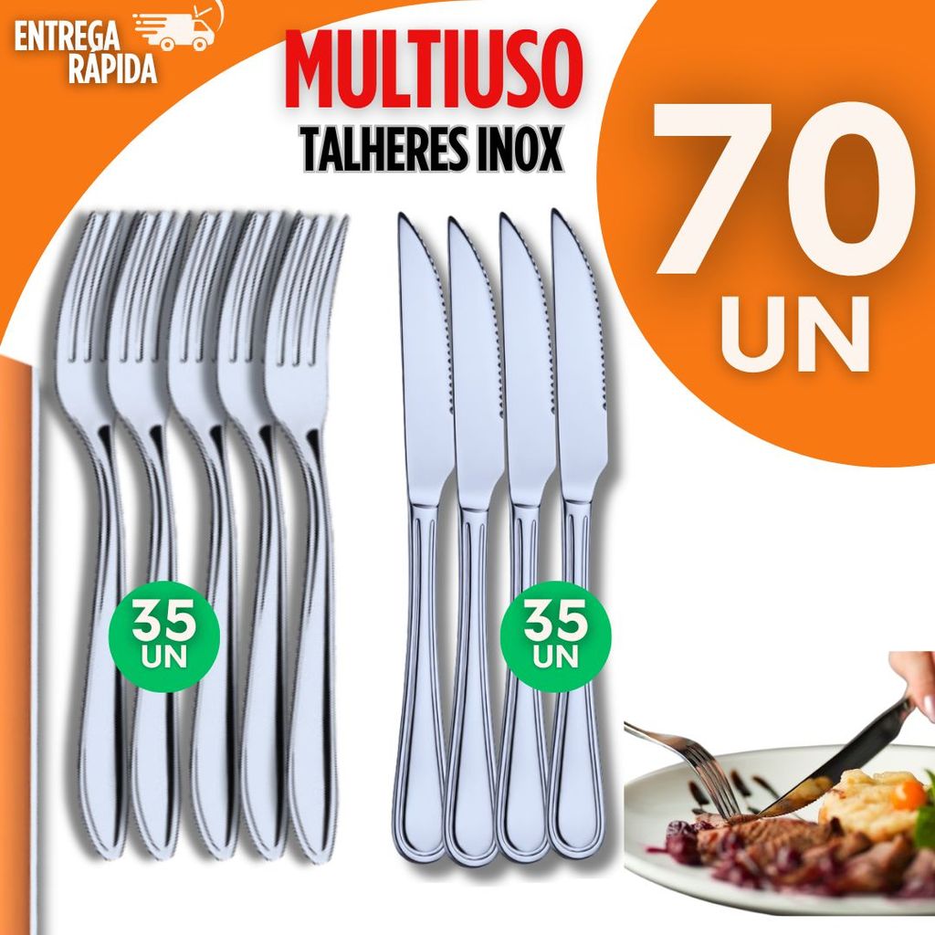 Combo Alimentação 70 Unidades - Talheres Inox 35 Garfos 35 Facas Casa Cozinha Multiuso Buffet Talher