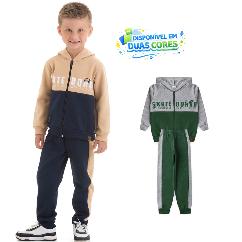 Conjunto Infantil Masculino Inverno Moletom Peluciado Jaqueta Skateboard com Zíper e Capuz Calça Felpado Com Recorte