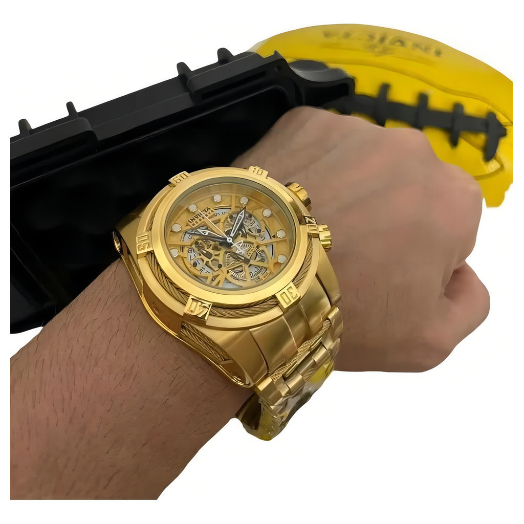 Relógio Zeus Esqueleto  Banhado A Ouro 18k Cor da correia Dourado Cor do bisel Azul