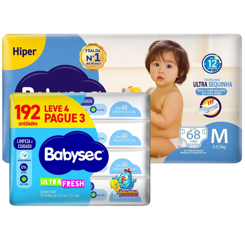 Kit Fralda Descartável Babysec Galinha Pintadinha M + Toalha Umedecida 192 Unidades