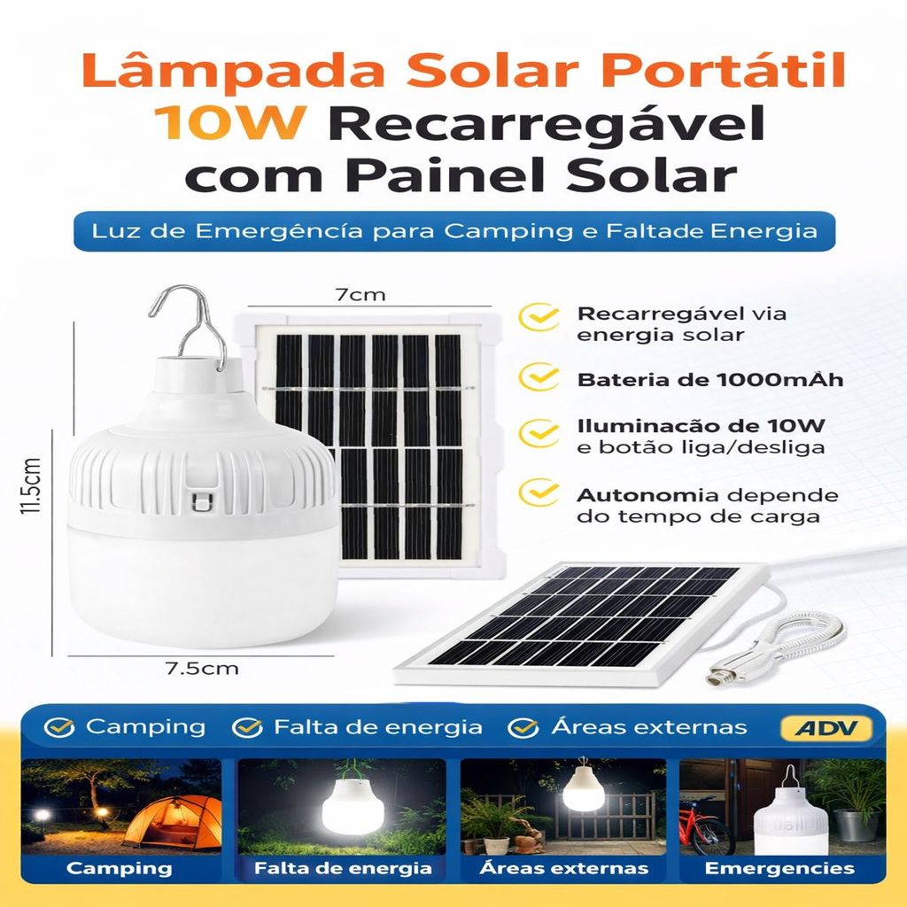 Lâmpada LED Solar Portátil 10W com Painel Solar 3.7V 1000mAh Luz de Emergência Camping Residencial