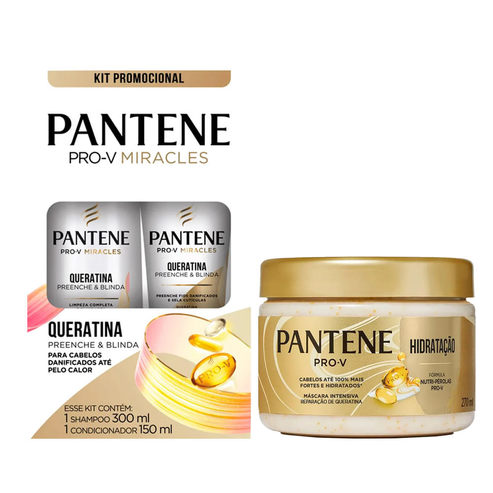 Kit Pantene Queratina Shampoo 300ml + Condicionador 150ml + Máscara Capilar Hidratação 270ml em Oferta na Shopee