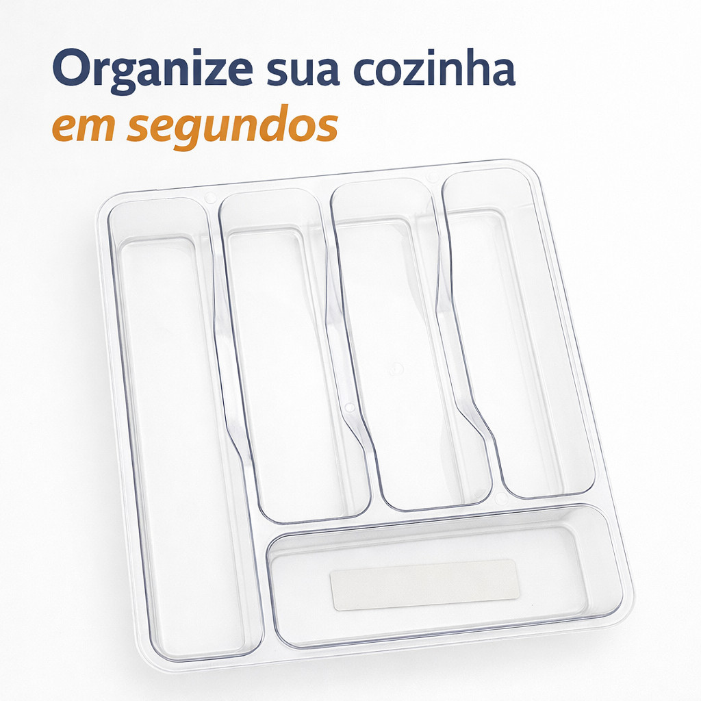 Organizador de Talheres para Gaveta 32x26cm Acrílico Transparente 5 Divisórias Porta Talher Cozinha Resistente