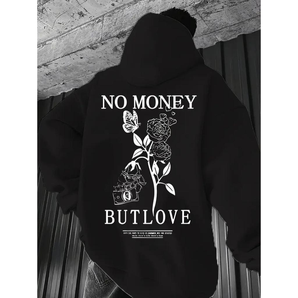 Blusa Casaco Moletom Frio Canguru Bolso Capuz Streetwear Casual Masculino Unissex Estampa But Love No money Flor Grana