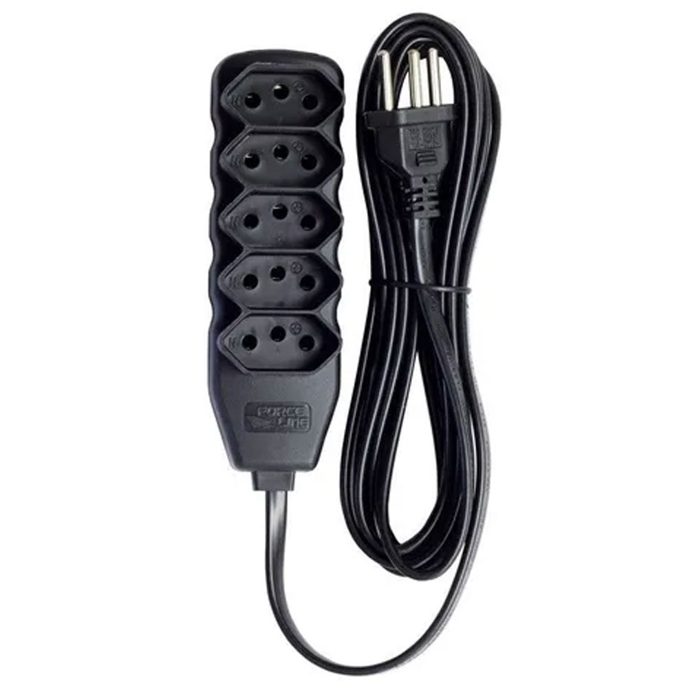 Extensão elétrica 5 tomadas 3 pinos 10A 3 metros Preta Force Line
