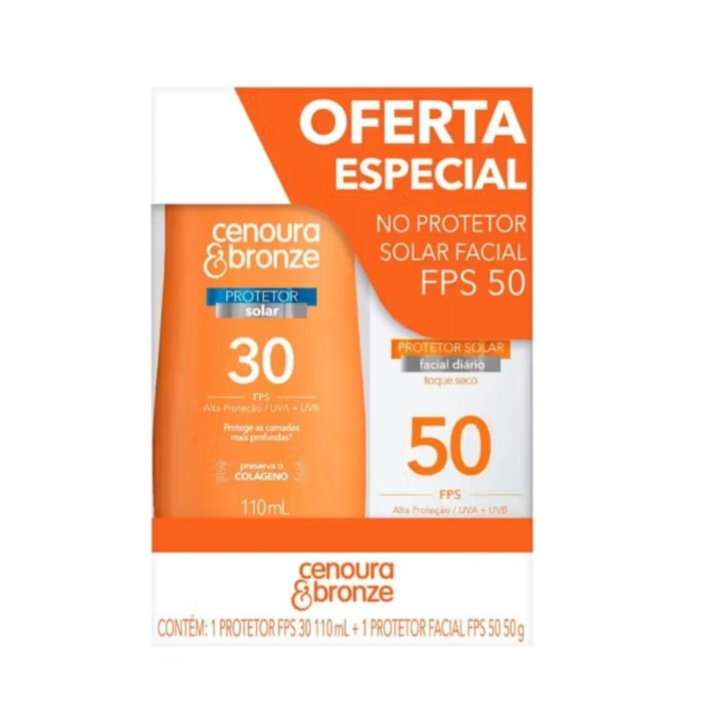 Kit Cenoura e Bronze FPS 30 Corpo 110ml + FPS 50 Rosto 50g  Proteção Solar Completa e Eficaz