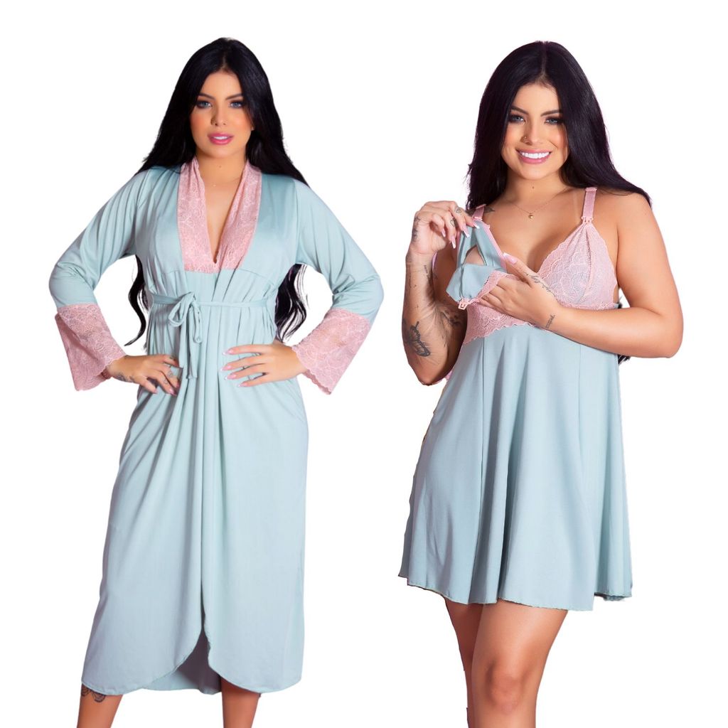 Kit Robe Roupão Longo e Camisola Amamentação Confortável Gestante Prática Maternidade Pós Parto
