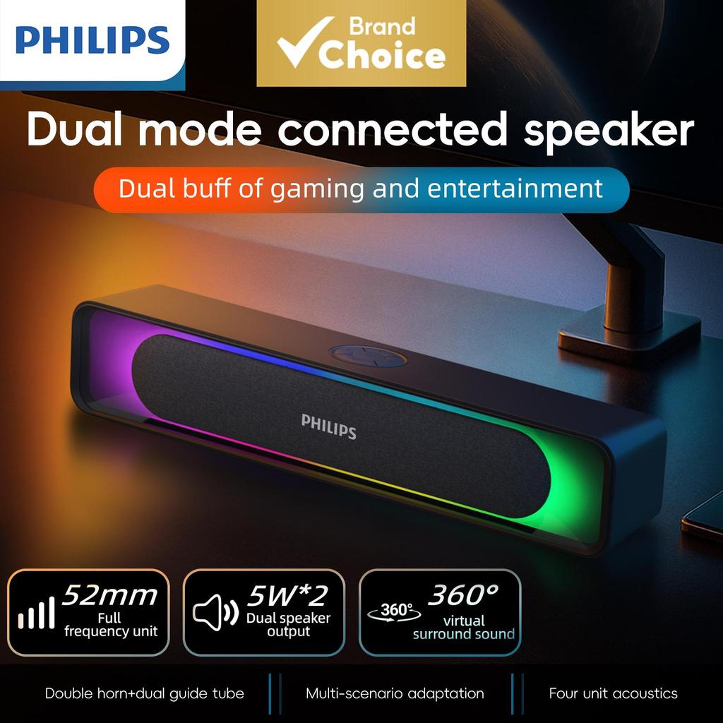 Alto-Falante Para Jogos PHILIPS Com Fio E Luz RGB De Modo Duplo Bluetooth 5.3 PC Console TV