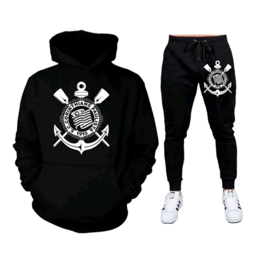Conjunto Moletom Flanelado  Alta Qualidade Pronta Entrega Torcedor Futebol Timão Kit Blusa e Calça Moletom