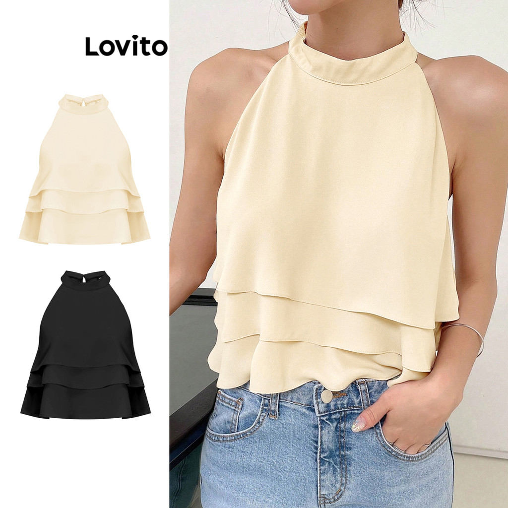 Lovito Regata Elegante Com Camada Lisa Em Camadas Para Mulheres L71ED061 (Caqui Claro/Preto)