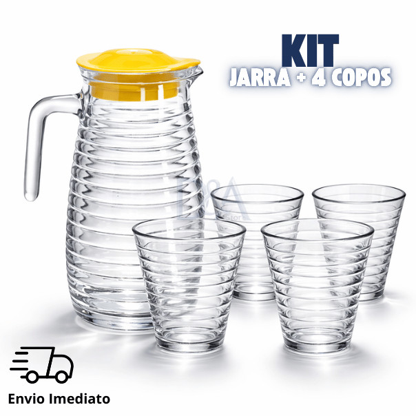 Kit Conjunto Premium 5 Peças Jarra 900ml + 4 Copos 250ml Vidro Texturizado Sofisticado Kit Ideal Para Sua Cozinha