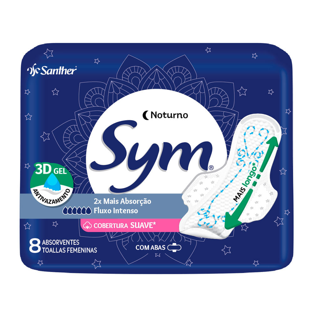 Absorvente Sym Noturno Cobertura Suave com Abas 8 Unidades em Oferta na Shopee