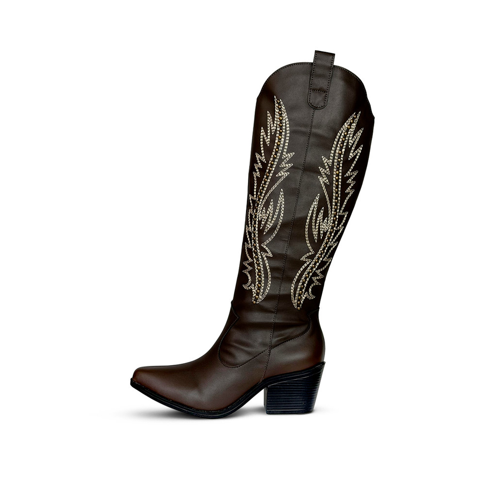 Bota Feminina Texana Cano Alto Café Com Tachas Country