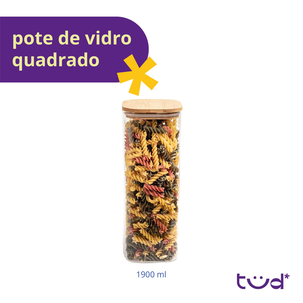 Pote de vidro 1,9L com tampa de bambu hermético quadrado - Tüd · foto 2