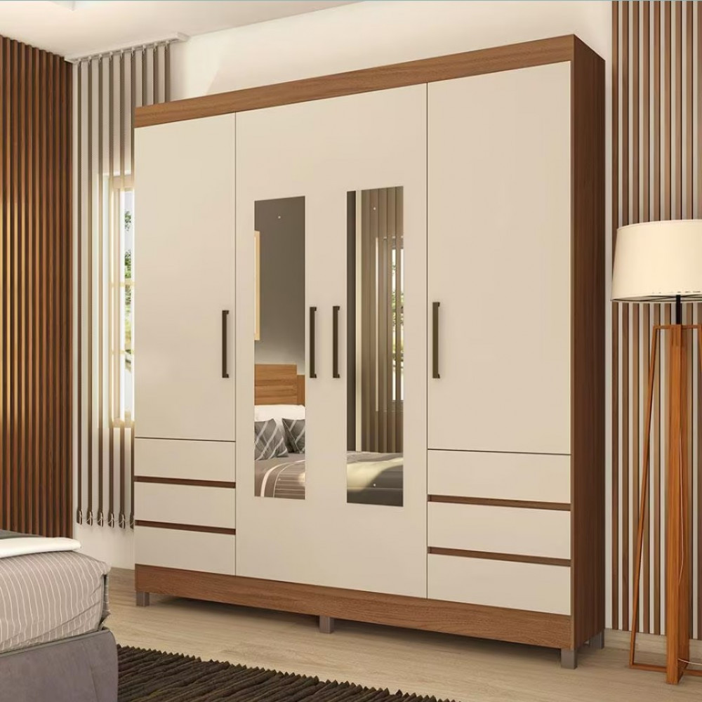Guarda-Roupa Casal Mônaco com 4 Portas 6 Gavetas e Espelho 195cm Demóbile