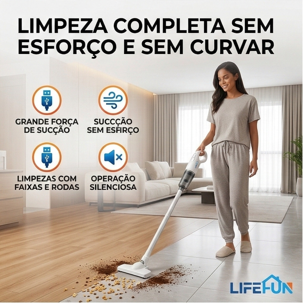 LIFEFUN Aspirador de Pó Portátil Sem Fio para Casa Recarregável USB Forte Sucção Branco · foto 2