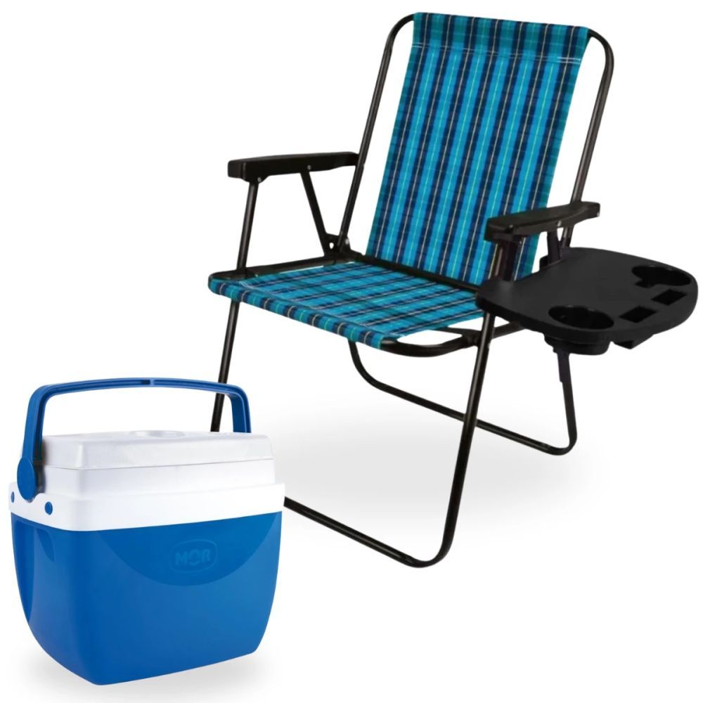 Kit Cadeira de Praia Azul + Mesa Porta Copos e Cooler 12 Litros Azul Pesca Passeio