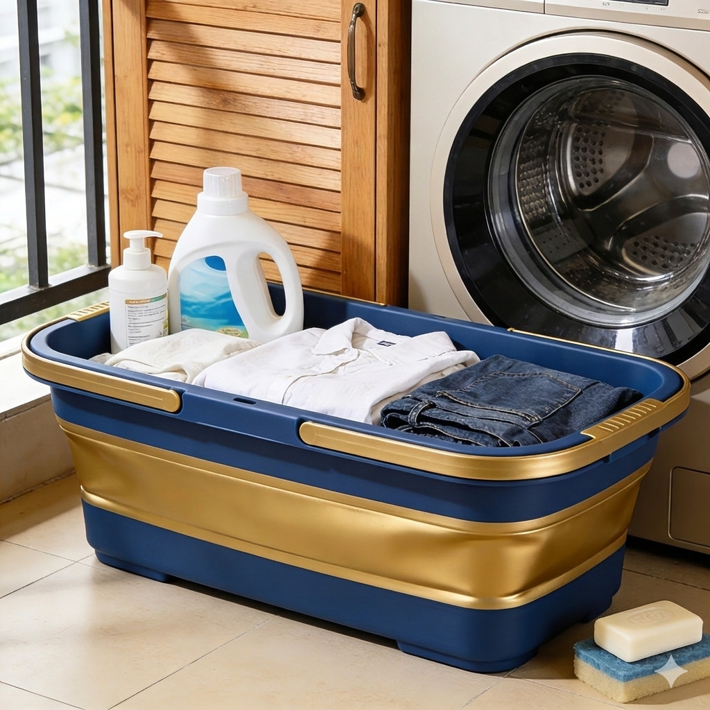 Balde Retangular Dobrável em Silicone Azul | Alça Resistente | 56.5x26*18CM Grande Capacidade e Prático