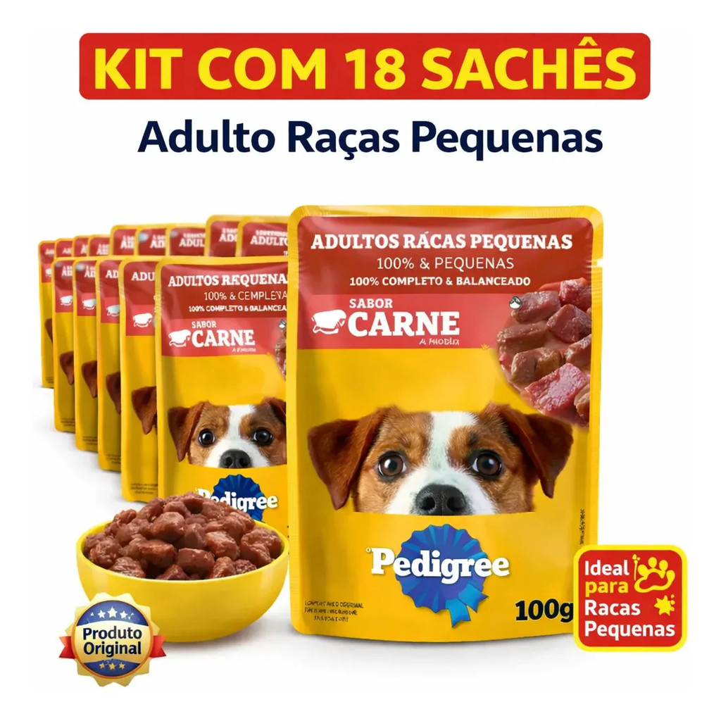 Ração Úmida Pedigree Cães Adultos Sachê Carne Kit 18 Sachês
