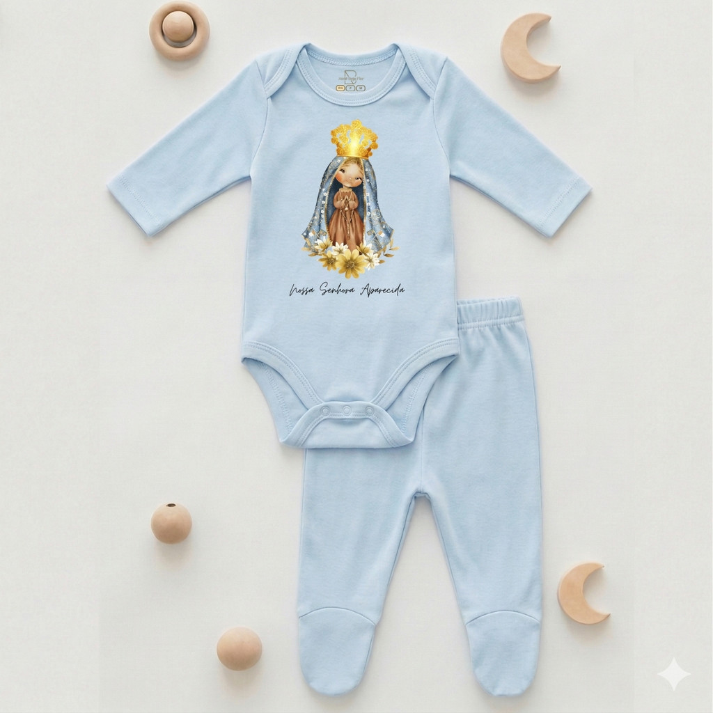Kit Body Bebê Santinhos Mijão Pezinho Manga Longa Azul Infantil Pagão Nossa Senhora Penha Aparecida