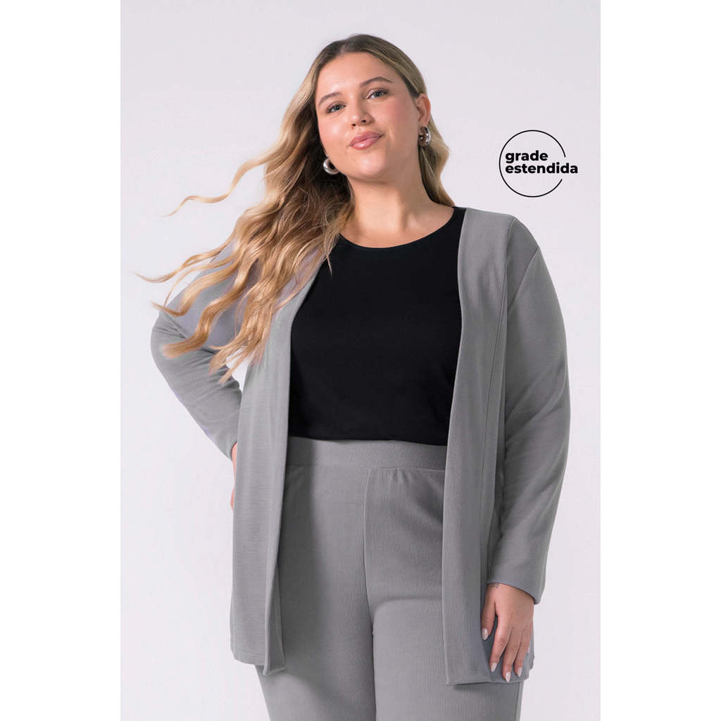 Cardigan Feminino Alongado Canelado Marialícia Cinza