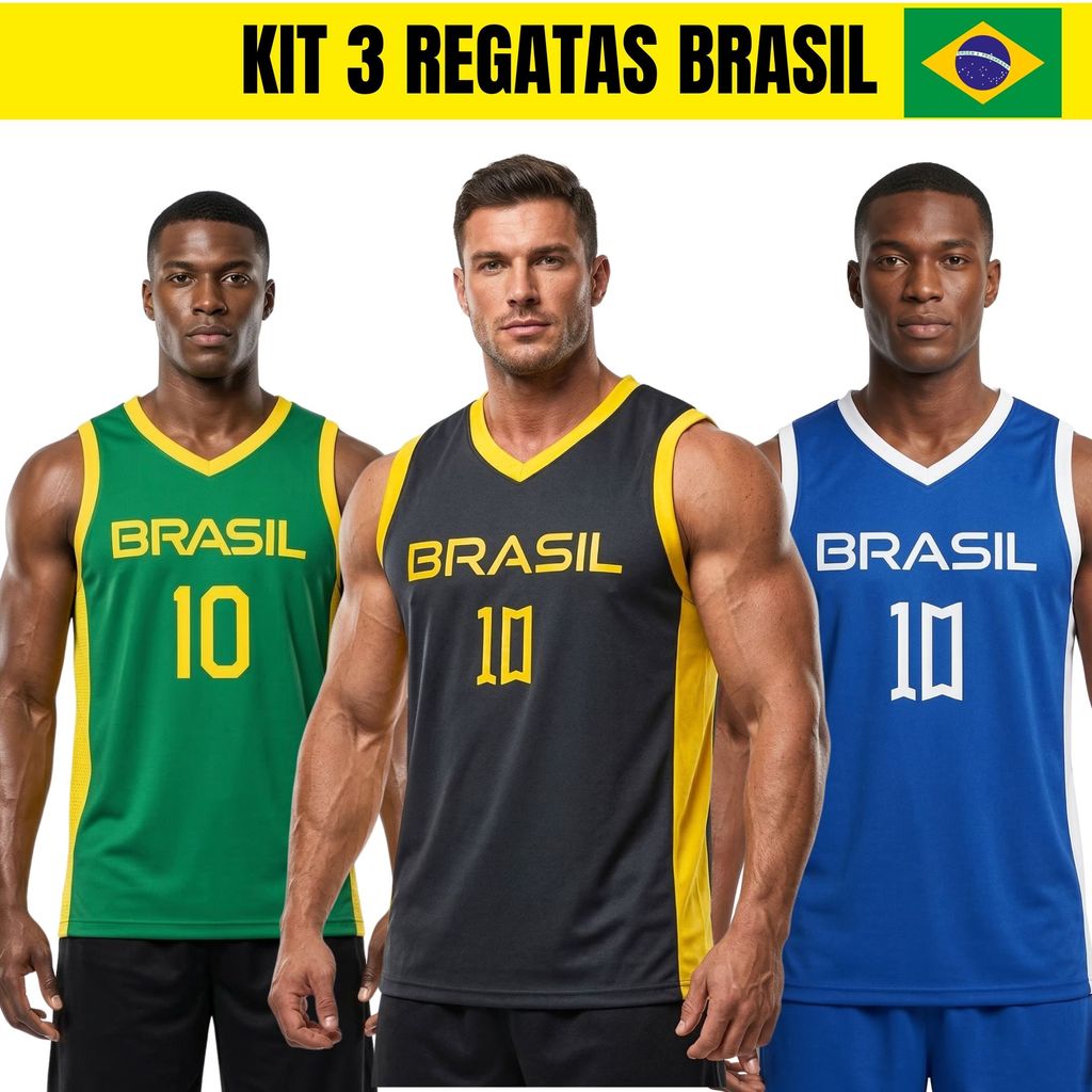 Kit 3 Regatas Masculinas Brasil Academia Treino Fitness Esportiva Leve e Respirável
