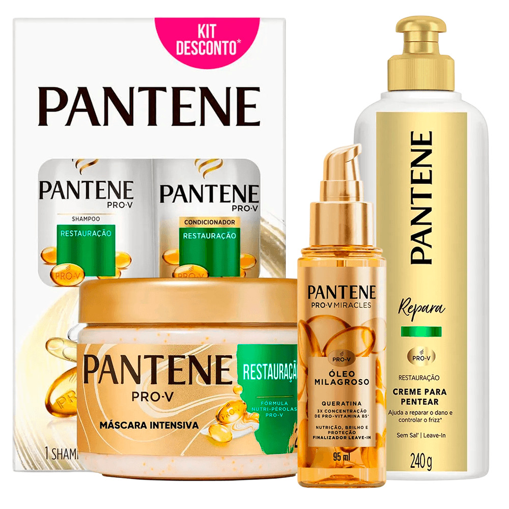 Kit Pantene Restauração Shampoo + Condicionador + Creme De Pentear + Máscara + Óleo Milagroso Queratina em Oferta na Shopee
