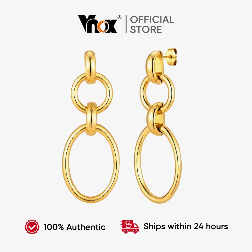 Brinco De Geometria Circular Vnox Para Mulheres E Meninas , Ouro 18K , Grande Pino De Orelha Robusto De Aço Inoxidável ,