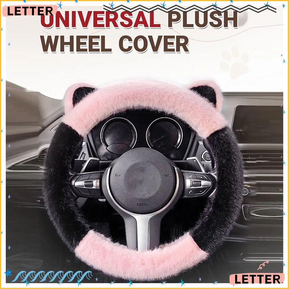 Capa De Volante De Pelúcia Com Letras , Antiderrapante Quente Orelhas De Gato Elástica Macia