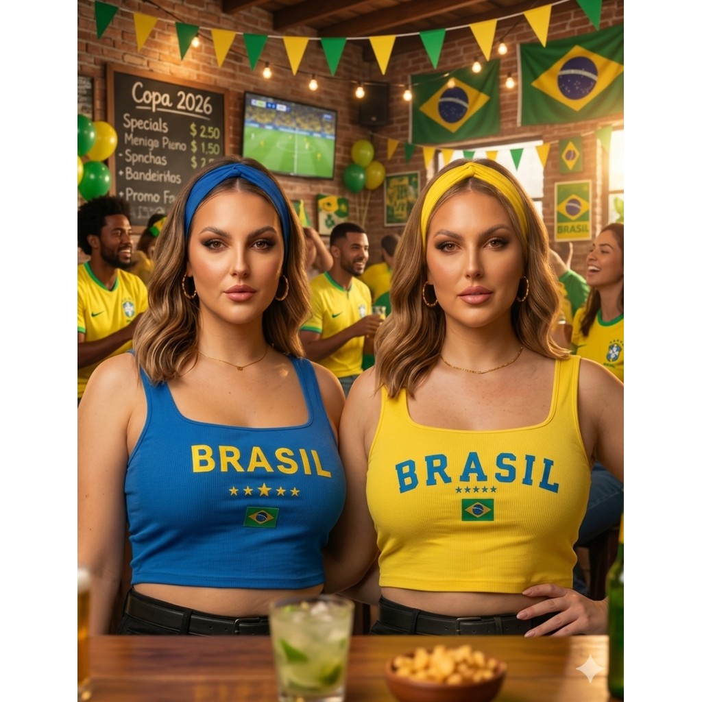 2x Cropped Plus Size Brasil Copa do Mundo 2026 Suplex Alça Larga G ao G2 + Brinde Faixa de Cabelo
