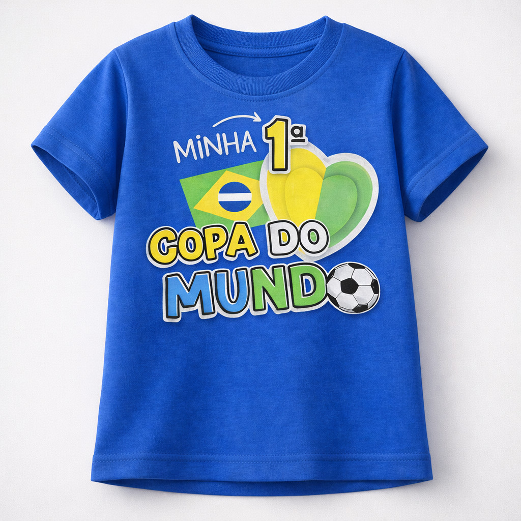 Camiseta Infantil Minha 1ª Copa do Mundo Brasil 100% Algodão Camisa Bebê Copa Futebol Torcedor