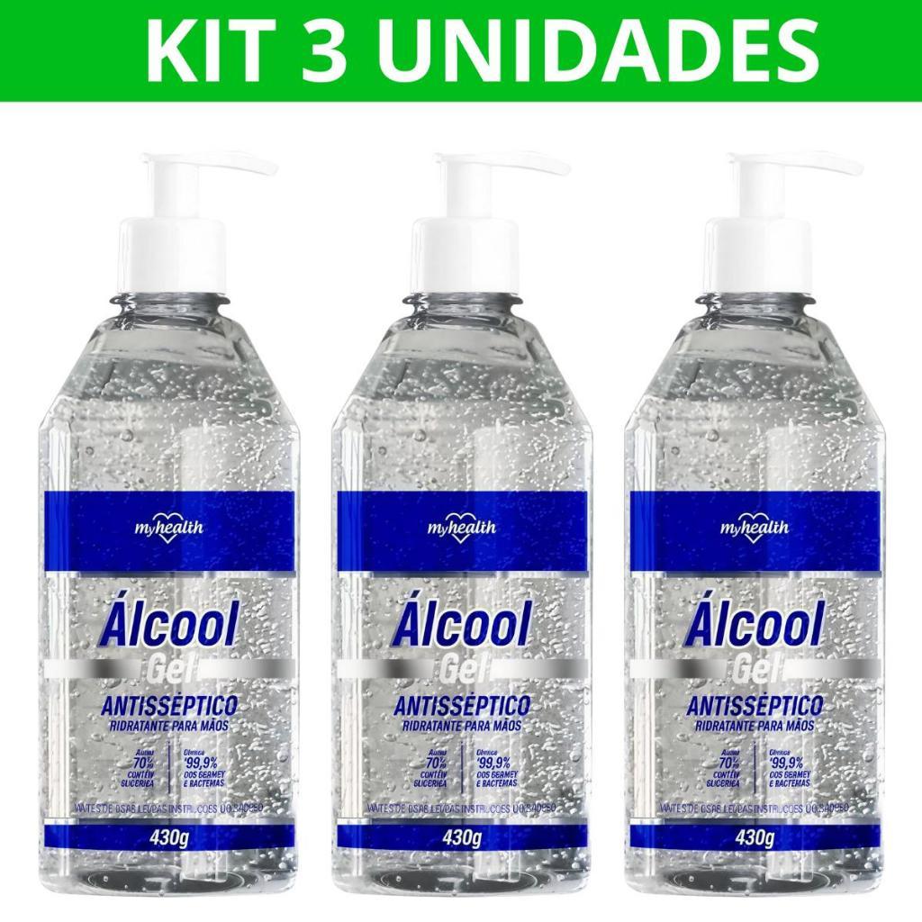 Kit 3 Álcool Gel 430g Antisséptico Elimina 99,9% dos Germes e Bactérias
